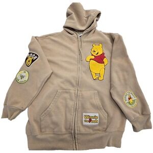 Disney Winnie the Pooh Hoodie Womens Small Tan Full Zip Chenille Patches Graphic